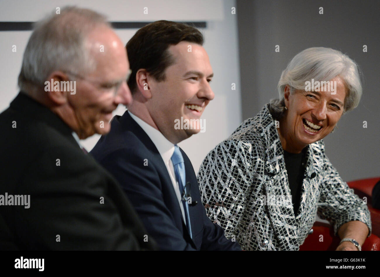 (Left - right) Dr Wolfgang Schauble, German Federal Minister of Finance, Chancellor of the Exchequer George Osborne, Christine Lagarde, Managing Director of the International Monetary Fund and Jim Flaherty, Minister of Finance, Canada hold a Q&amp;A on the challenges facing the global economy at the the Global Investment Conference, London. Stock Photo