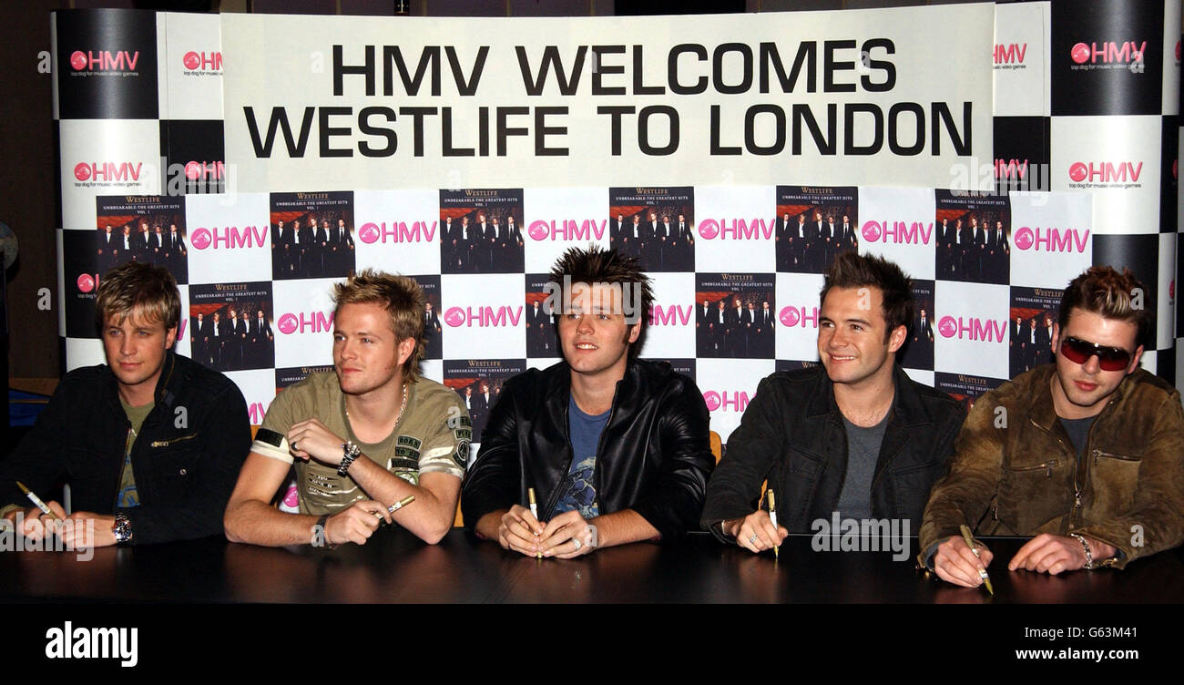 Pop band Westlife complete the final leg of their 36 hour launch tour for their new album 'Unbreakable' at HMV, Trocedero in London. Westlife are (left-right) Kian Egan, Nicky Byrne, Bryan McFadden, Shane Filan and Mark Feehily. Stock Photo