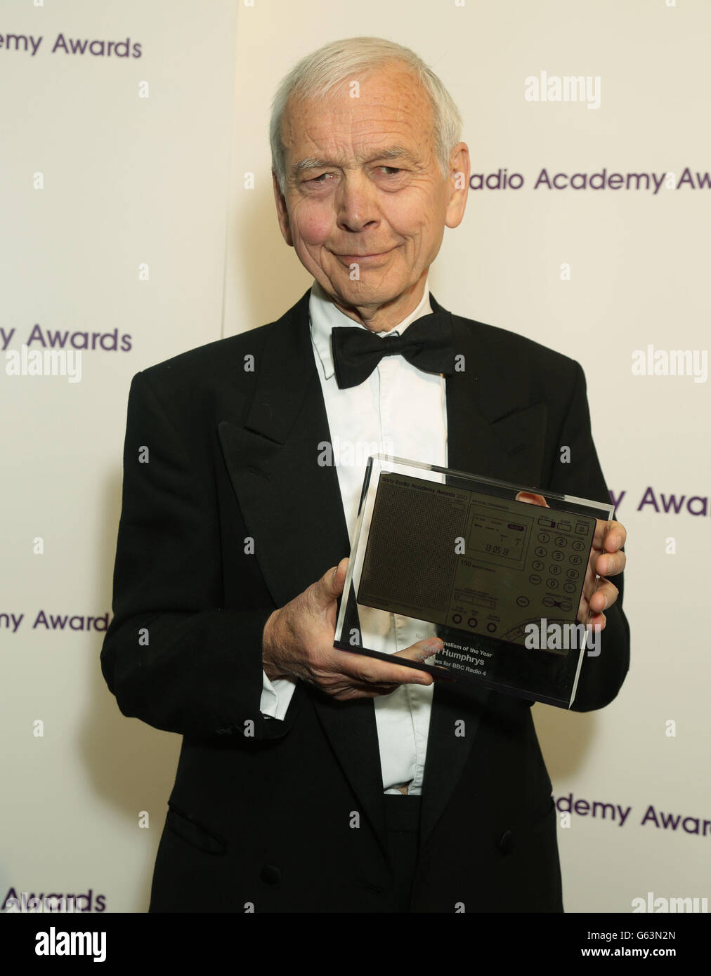 John Humphrys with his Radio Journalism of the Year Award, at the Sony Radio Academy Awards, at Grosvenor House Hotel in central London. Stock Photo