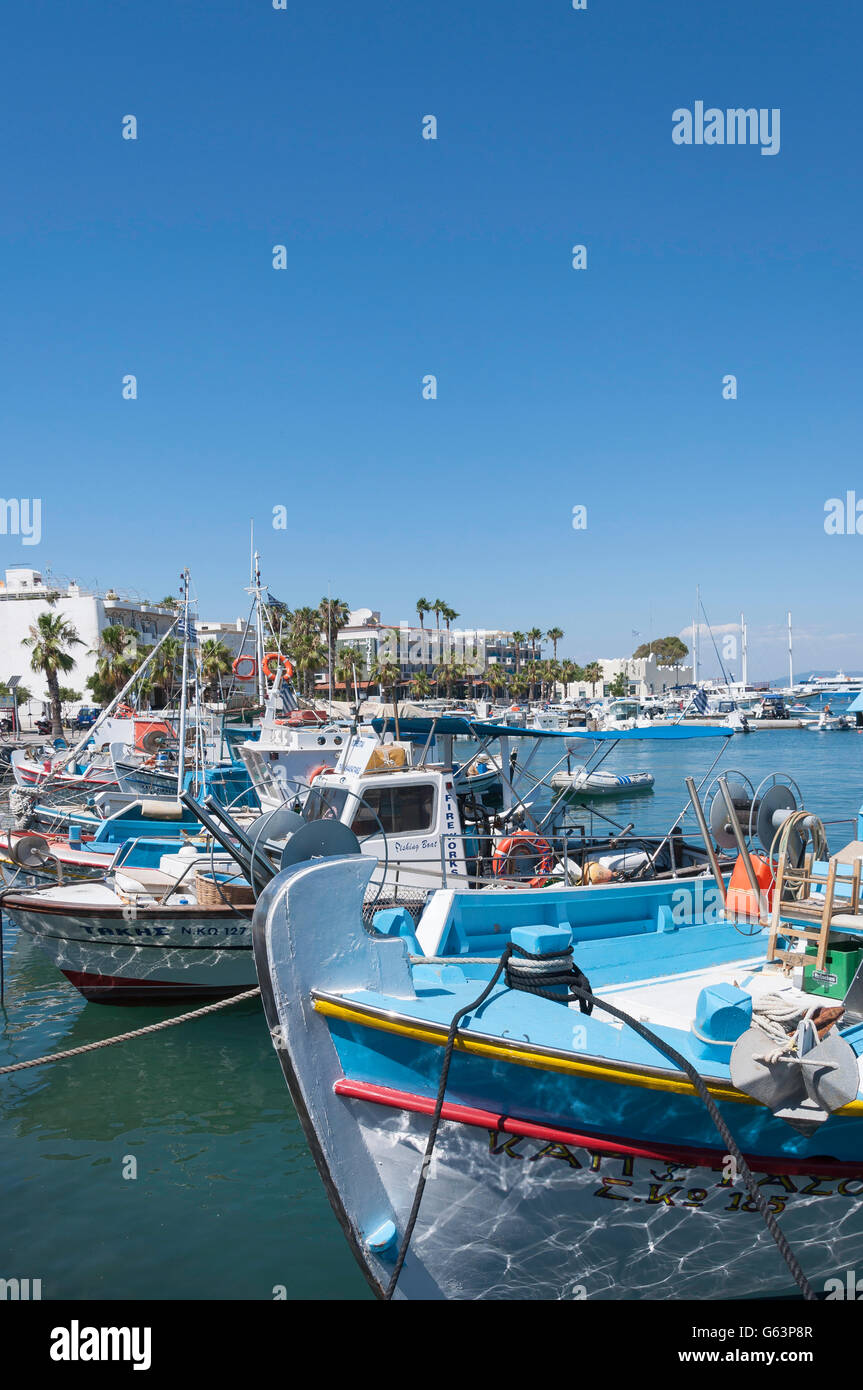 Traditional fishing boats in harbour, Kos Town, Kos (Cos), The Dodecanese, South Aegean Region, Greece Stock Photo
