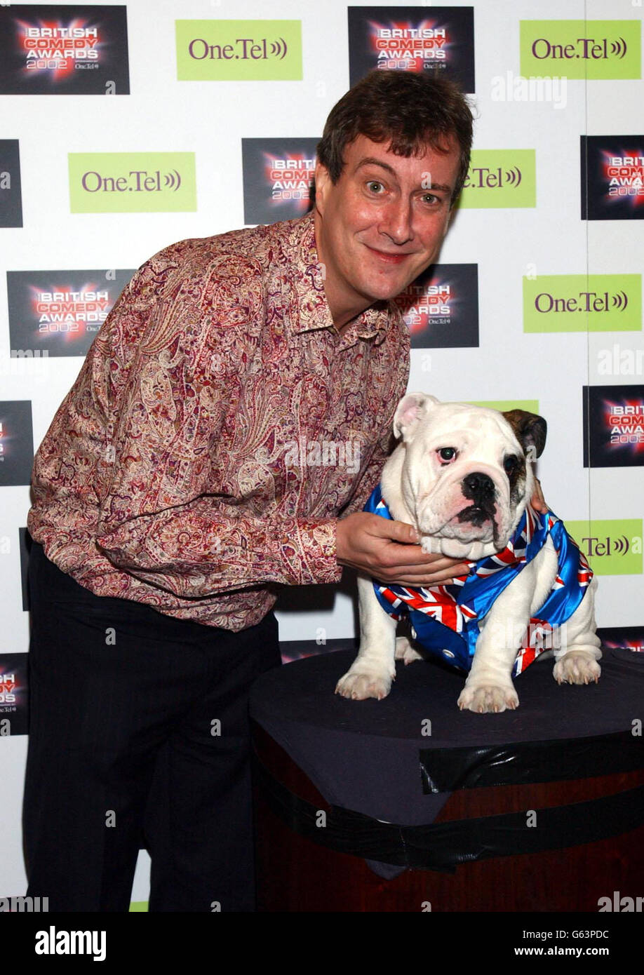 Actor Stephen Tompkinson with a pedigree British bulldog Albert, at the launch party for The British Comedy Awards, at Sway in Covent Garden, London. Stock Photo