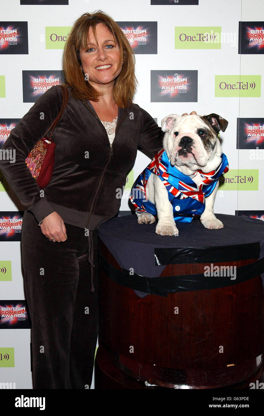 Impressionist Jan Ravens with a pedigree British bulldog Albert, at the launch party for The British Comedy Awards, at Sway in Covent Garden. Stock Photo