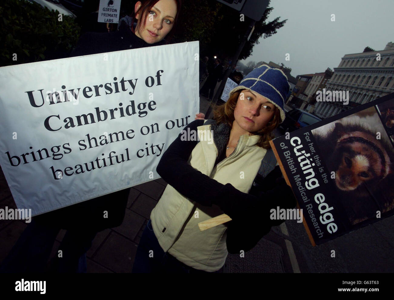 Cambridge students Kelly Garner (left),19, from Ipswich and Laura Higgs, 20, from Bognor Regis protest, outside a public inquiry in the city into plans to build a medical research centre where animals would be tested. * Cambridge University wants to build the multi-million pound laboratory in Girton where they say scientists will carry out groundbreaking research into diseases such as Alzheimer's and Parkinson's, but animal rights groups are opposed to the project and say it is unnecessary. Stock Photo