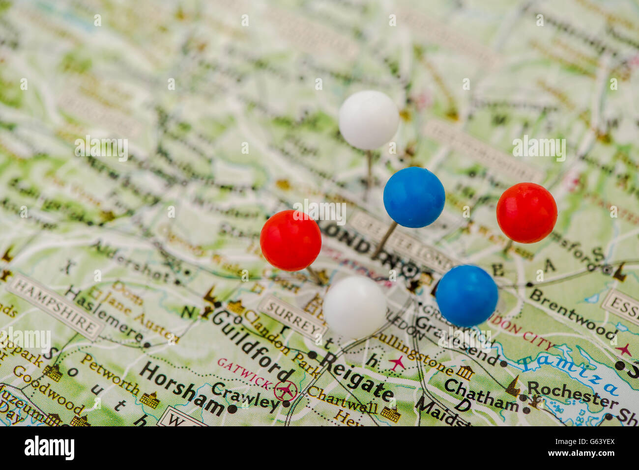 many pins on London map, destination check list Stock Photo Alamy