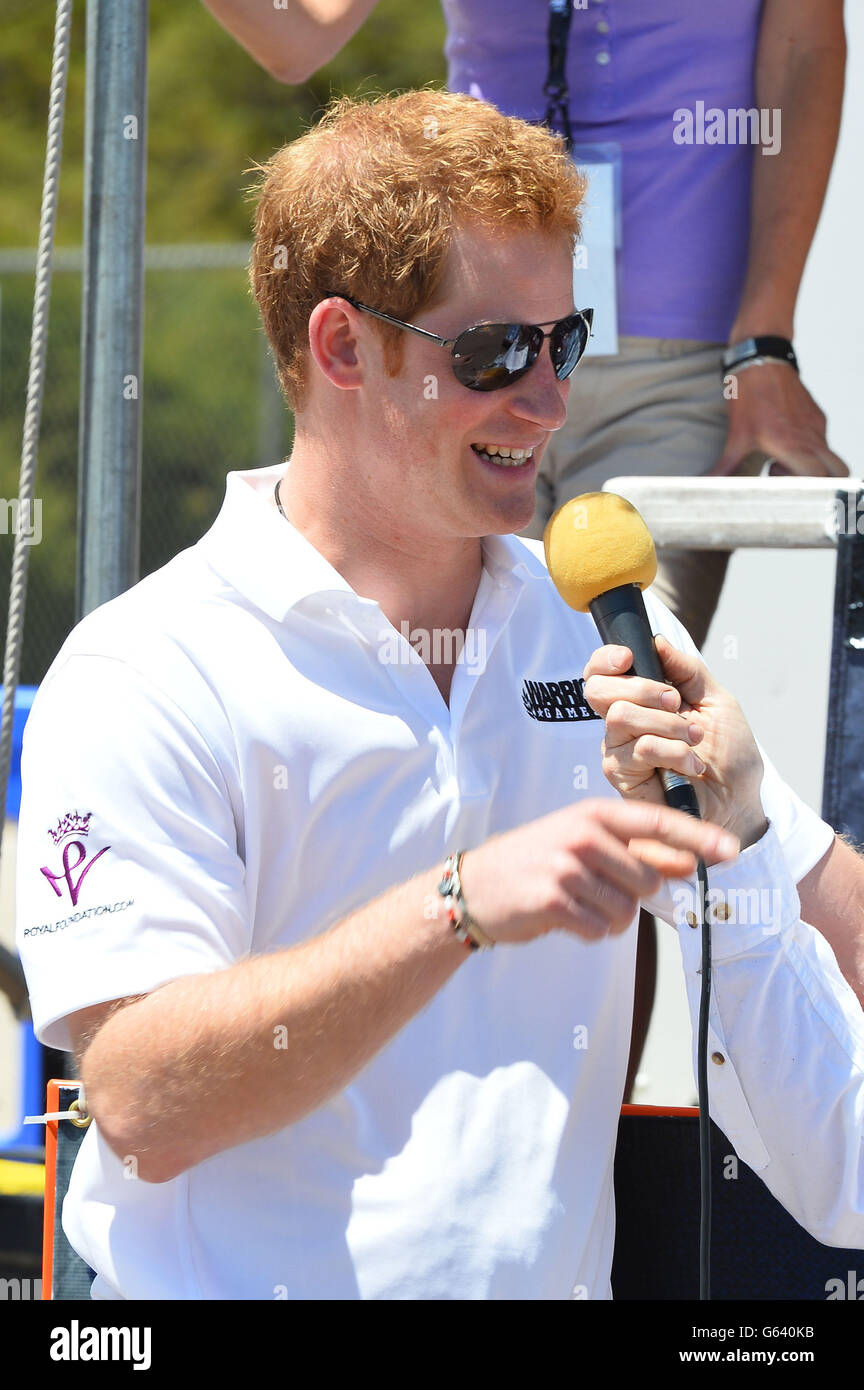 Prince Harry speaks during the Warrior Games cycling event at the US Air Force Academy base in Colorado Springs, USA. Stock Photo
