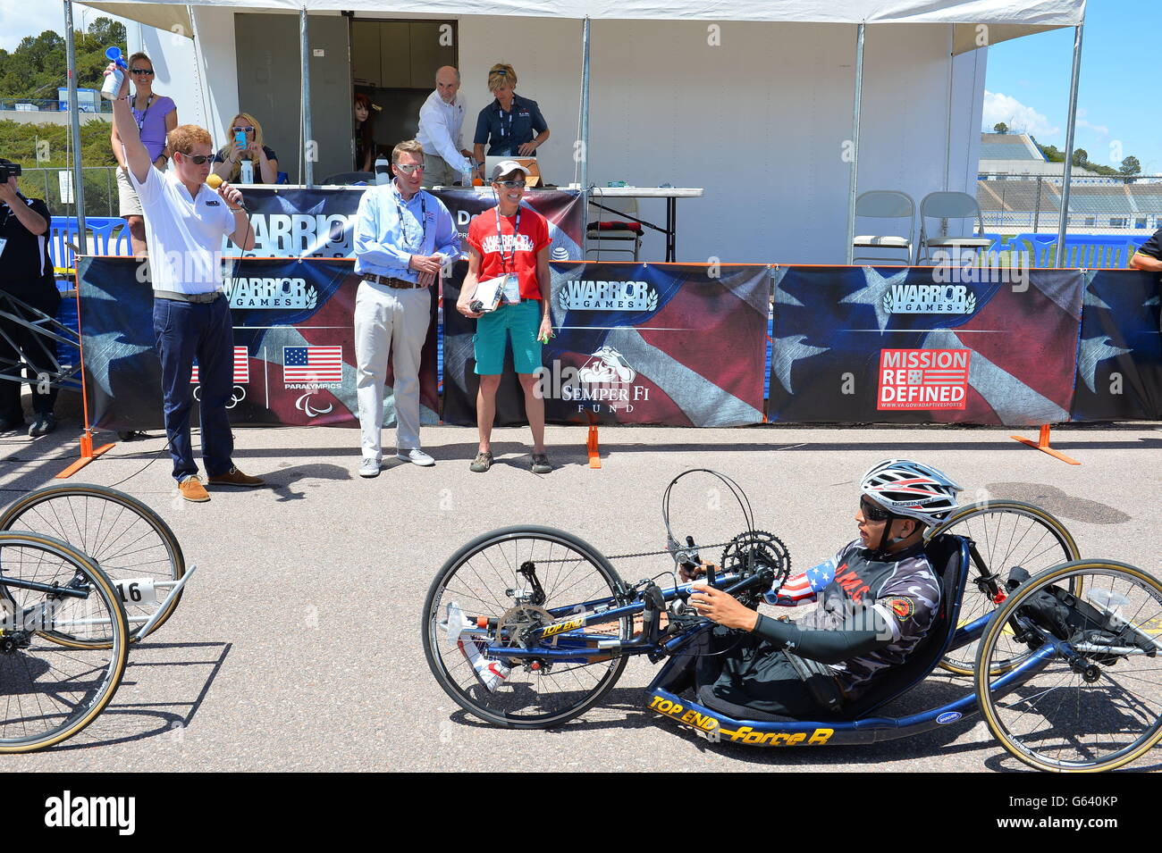 Prince Harry starts the Warrior Games cycling event at the US Air Force Academy base in Colorado Springs, USA. Stock Photo