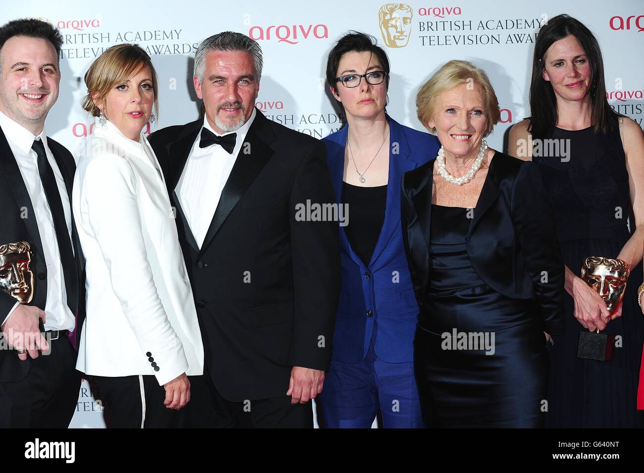 Mel Giedroyc, Paul Hollywood, Sue Perkins and Mary Berry with the Best Features Award for The Great British Bake Off, at the Arqiva British Academy Television Awards 2013 at the Royal Festival Hall, London. Stock Photo