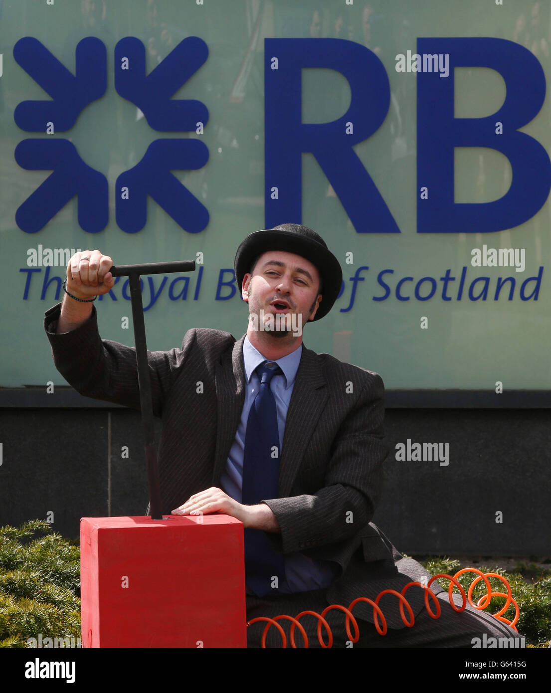 RBS AGM. A Friends of the Earth protester outside the AGM of the Royal Bank of Scotland in Gogarburn, Edinburgh. Stock Photo
