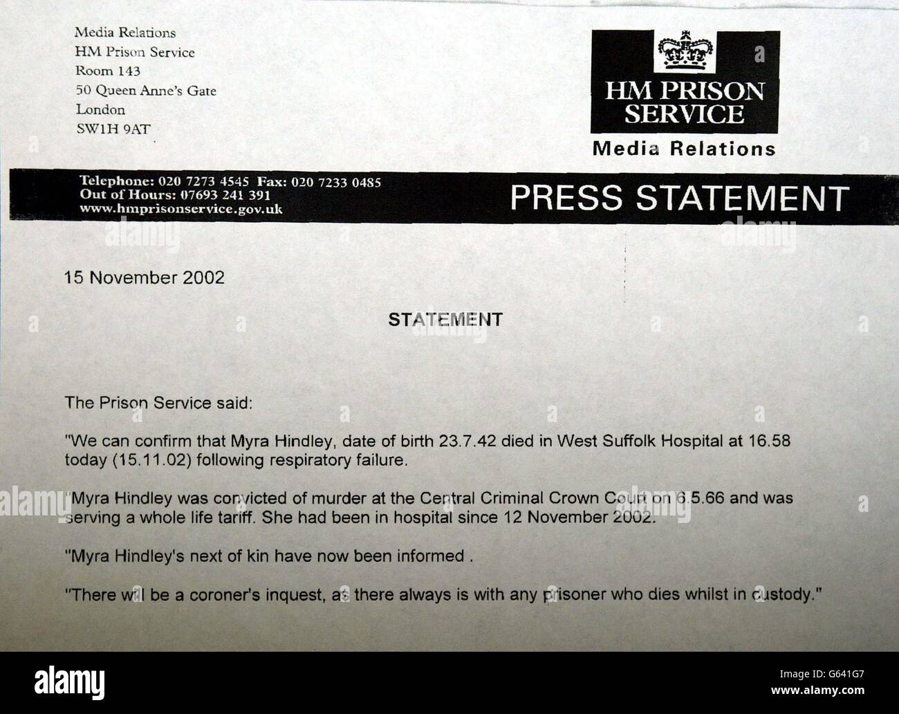 The press statement announcing the death of Myra Hindley, displayed outside West Suffolk Hospital, Bury St Edmunds, Suffolk. Hindley had been serving her 36th year behind bars at nearby Highpoint Prison, Suffolk. * Hindley and Ian Brady, 64, were jailed for life in 1966 for three murders. In 1987 they confessed to two more child killings. Stock Photo