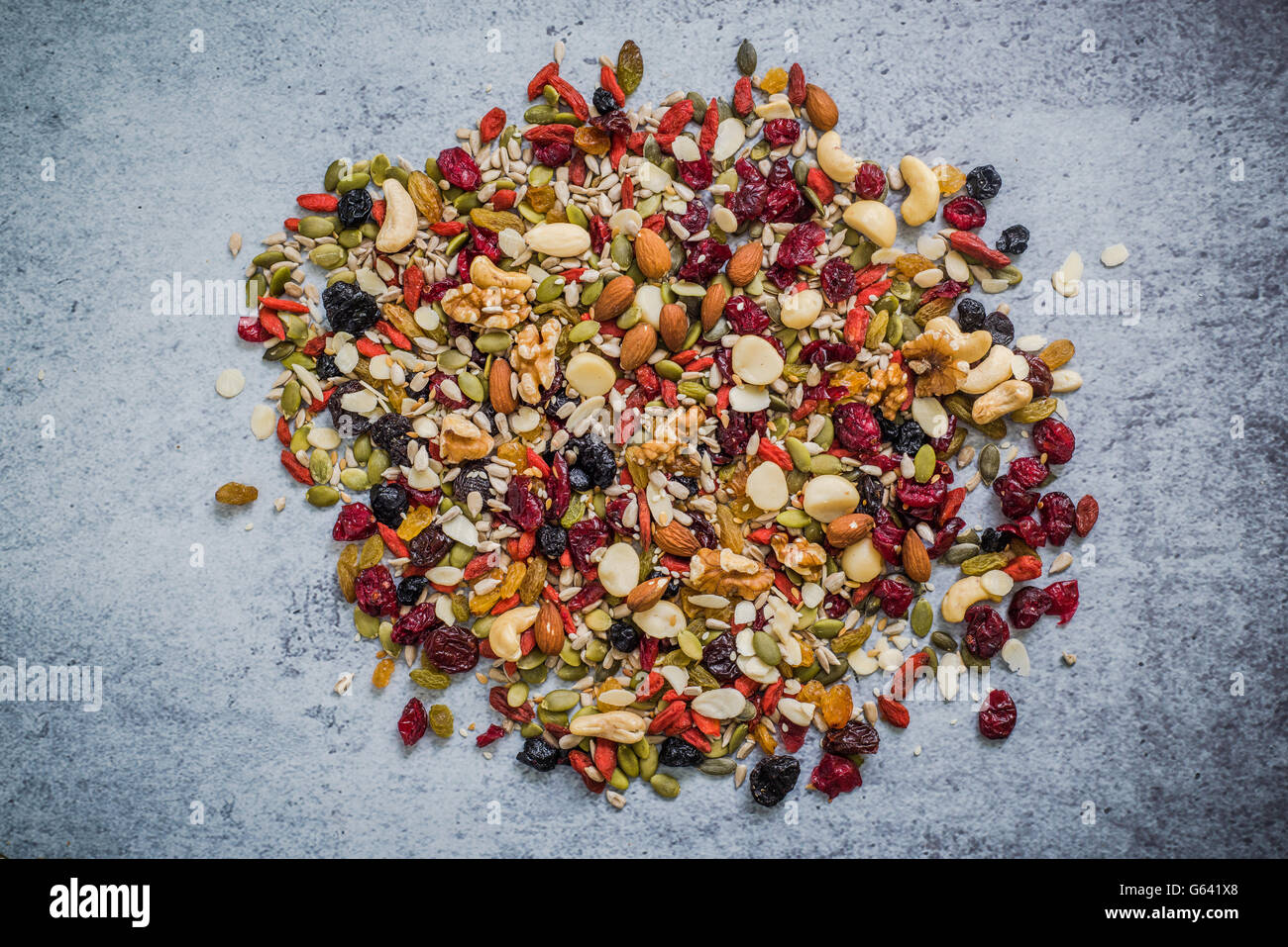 mixed superfoods on slate background from above Stock Photo