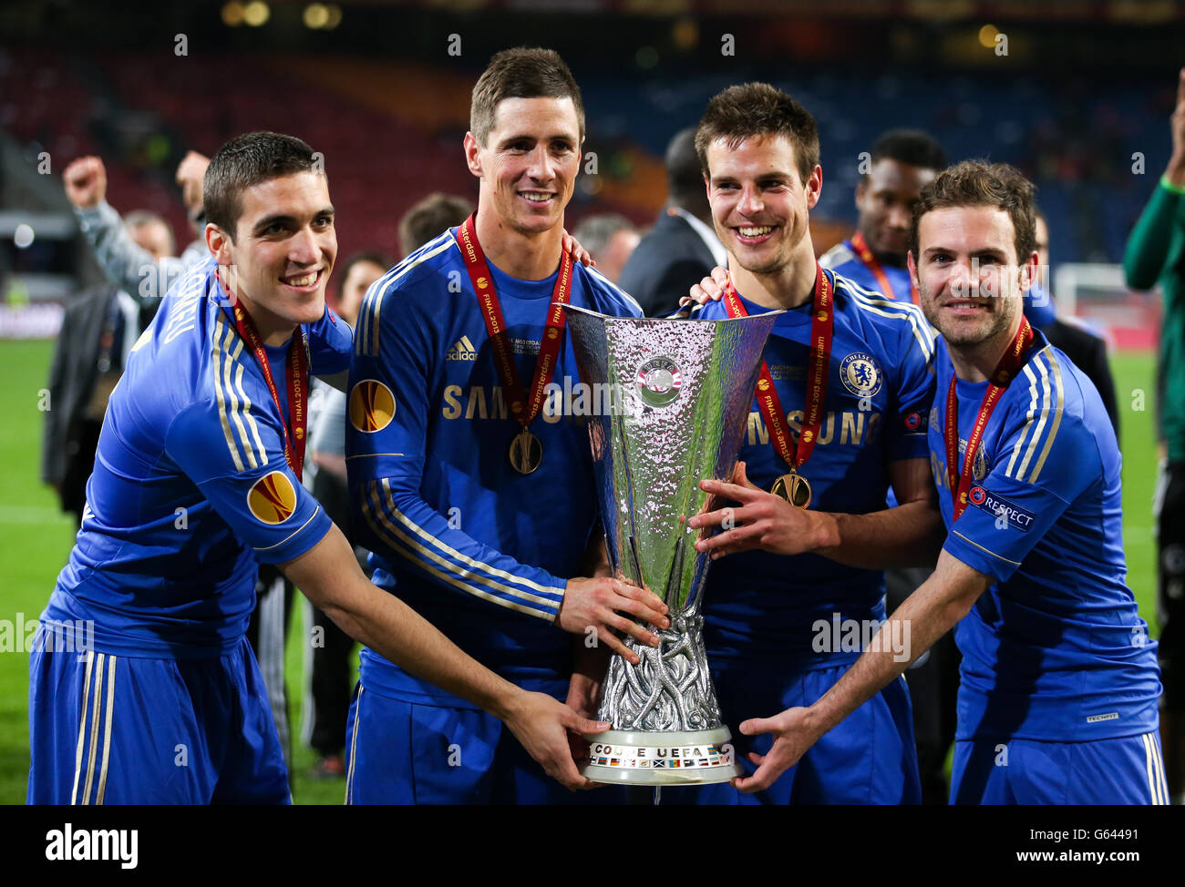 L-R: Chelsea's Spanish players Oriol Romeu, Fernando Torres, Cesar Azpilicueta and Juan Mata celebrate with the UEFA Europa League trophy Stock Photo