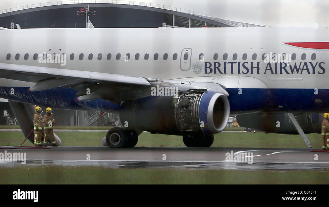The right hand engine of a British Airways plane after it had to make an emergency landing at Heathrow airport. Stock Photo