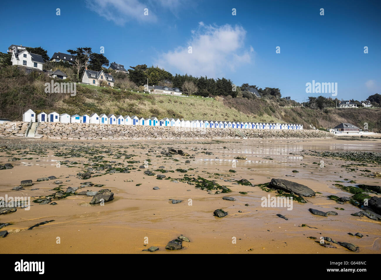 Barneville-Carteret is a popular seaside resort in Normandy with beach huts Stock Photo
