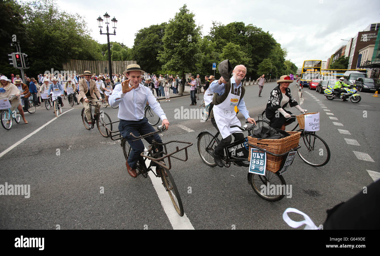 People take part in the 20th Annual Bloomsday Messenger Bike Rally in Dublin city centre today. Stock Photo