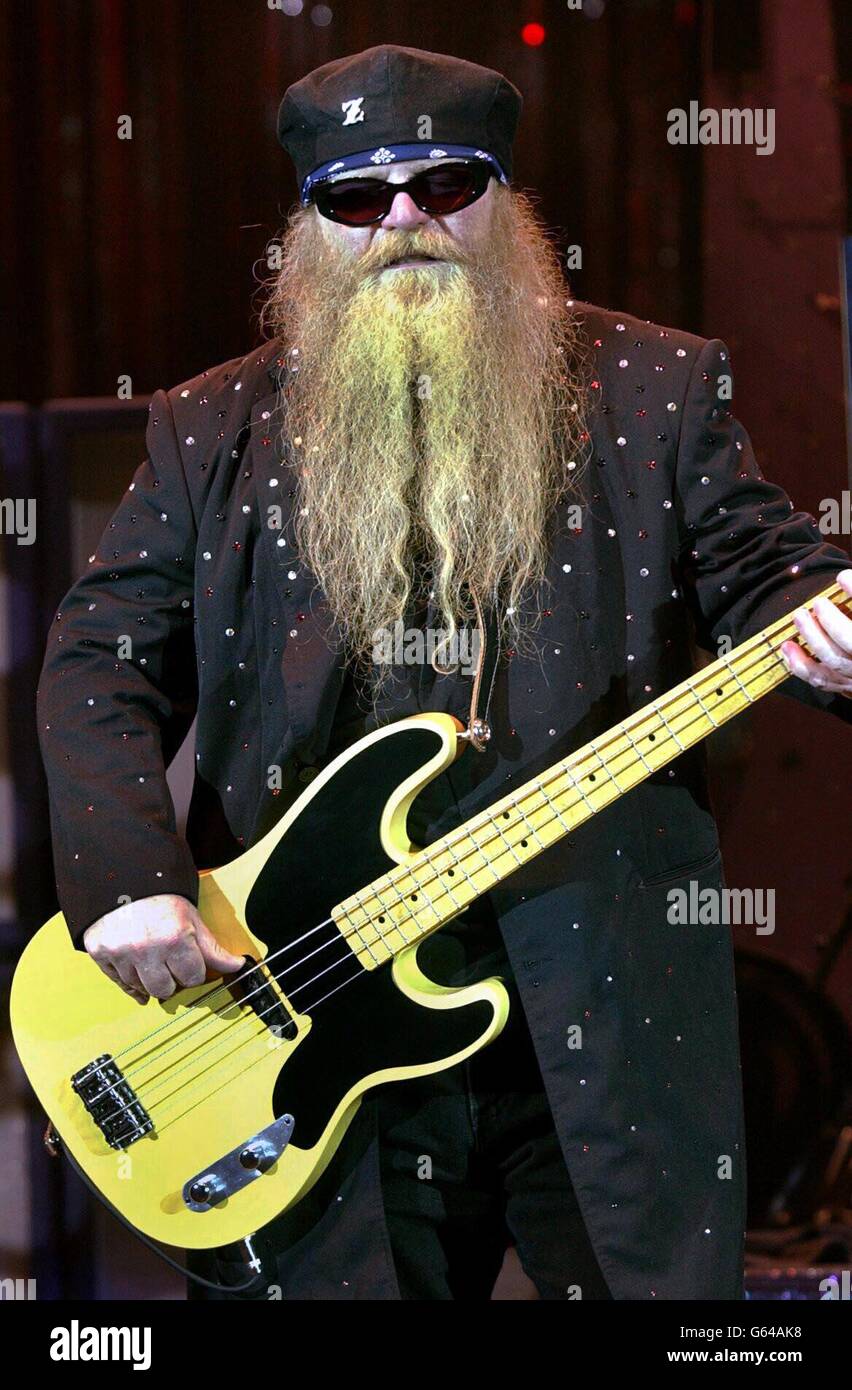 Dusty Hil of American rock band, ZZ Top, in concert at the Carling Apollo, Hammersmith. Stock Photo