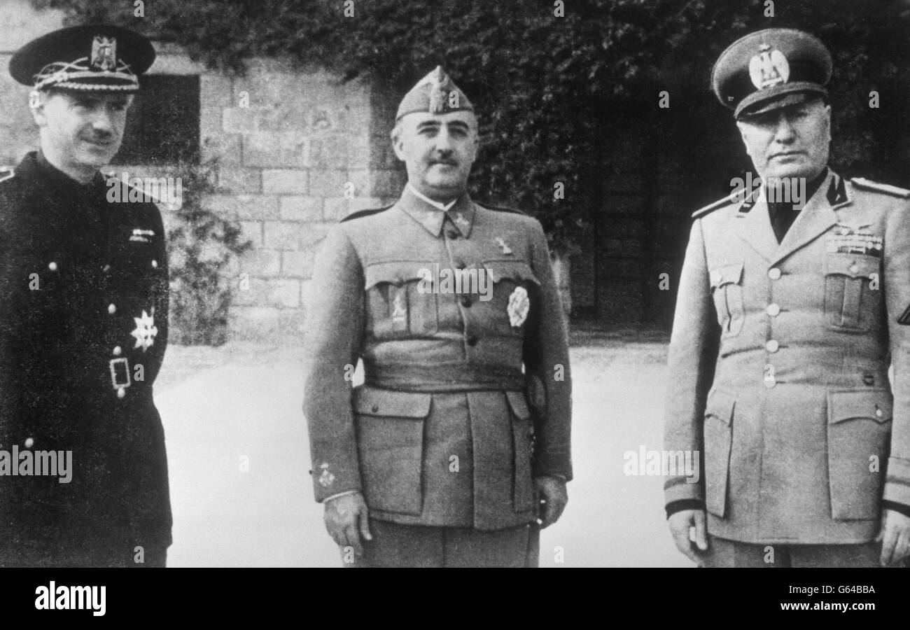 (From left) General Franco's brother-in-law Ramon Serrano Suner, General Franco and Benito Mussolini at Bordighera in Italy. Stock Photo
