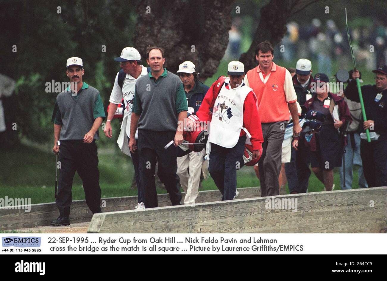 22-SEP-1995 ... Ryder Cup from Oak Hill ... Nick Faldo Pavin and Lehman cross the bridge as the match is all square ... Picture by Laurence Griffiths/EMPICS Stock Photo