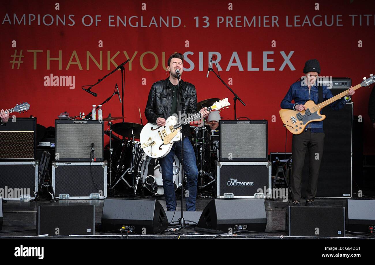 The Courteeners sound check in Albert Square before the closing ceremony of the Barclays Premier League winners parade through Manchester. Stock Photo