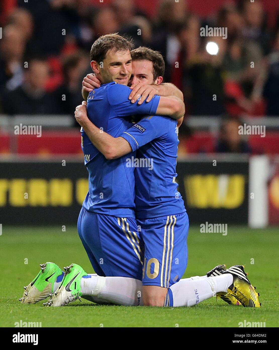 Chelsea's Branislav Ivanovic (left) and Juan Mata celebrates after the final whistle Stock Photo