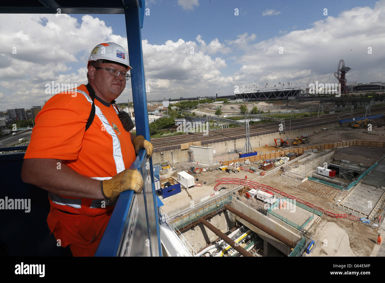 A worker inspects the Pudding Mill Lane Crossrail construction site, in ...
