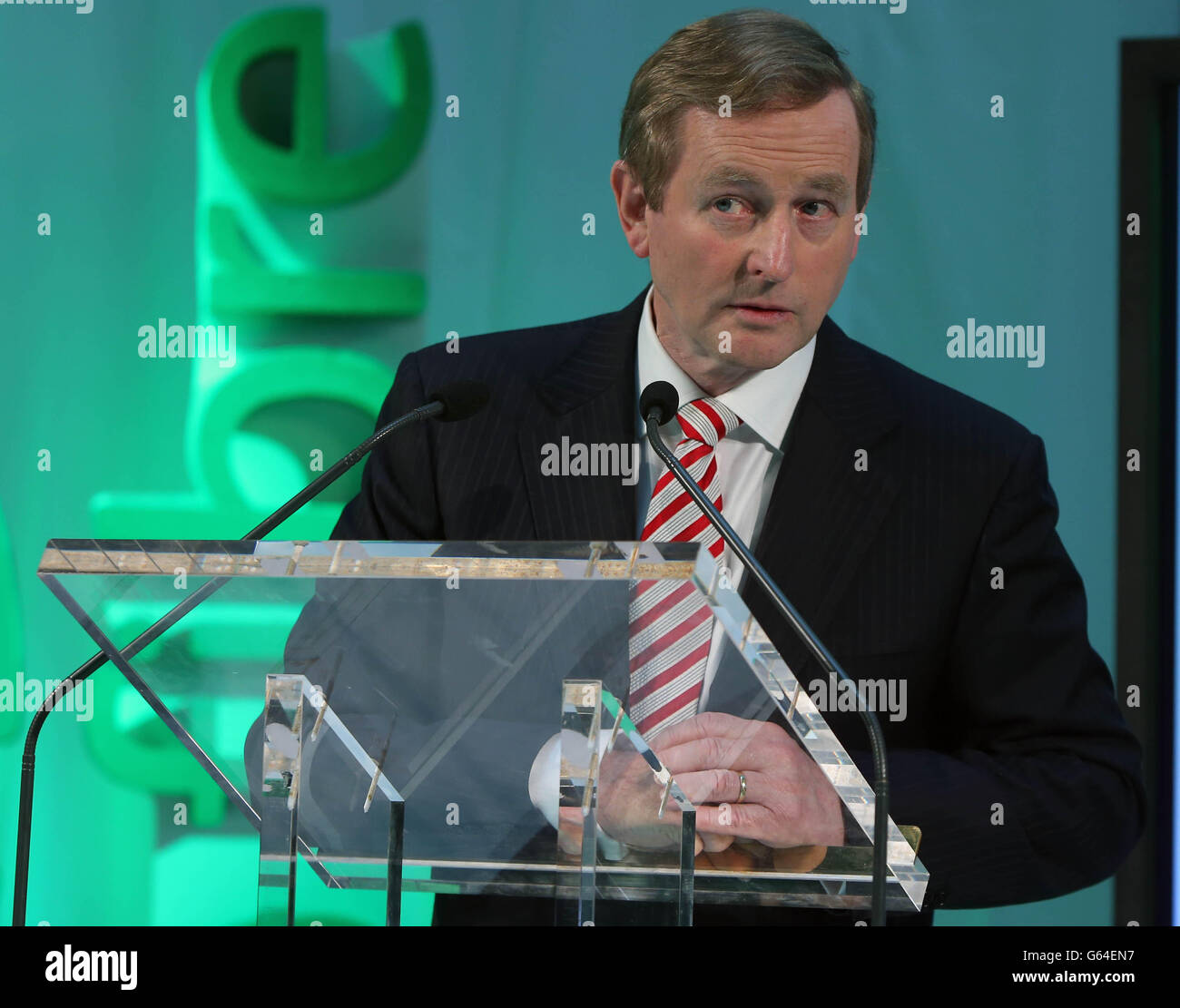Taoiseach Enda Kenny talks to the media as he attends the official launch of Eircom's fibre network and eFibre products at the companies head quarters at Heuston South Quarter, Dublin. Stock Photo