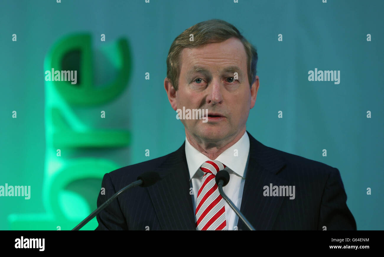 Taoiseach Enda Kenny talks to the media as he attends the official launch of Eircom's fibre network and eFibre products at the companies head quarters at Heuston South Quarter, Dublin. Stock Photo