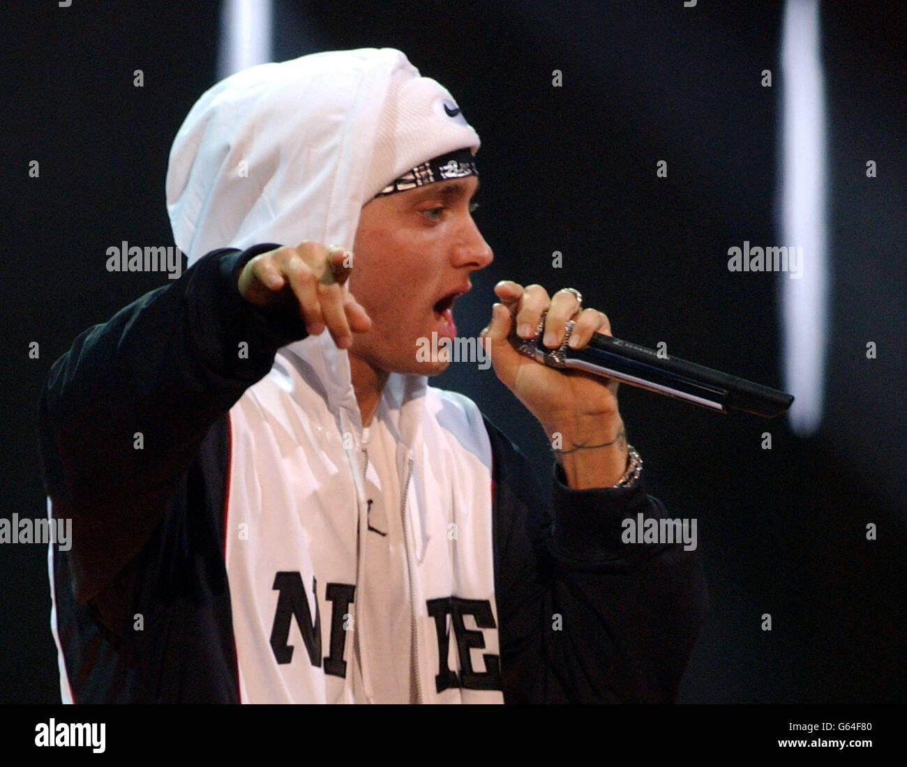 US rapper Eminem performing on stage during the MTV Europe Music Awards 2002, at the Palazzo Sant Jordi, Barcelona, Spain. Stock Photo