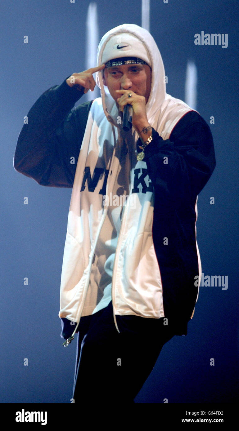 US rapper Eminem performing on stage during the MTV Europe Music Awards 2002, at the Palazzo Sant Jordi, Barcelona, Spain. Stock Photo