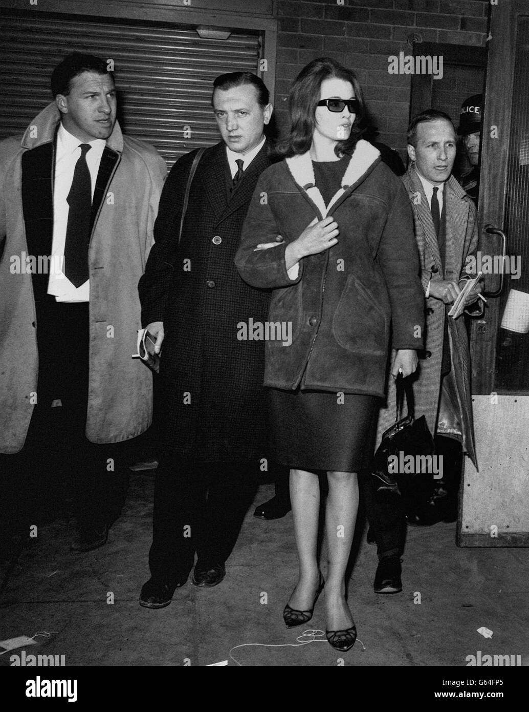 Christine Keeler, the model who failed to appear as a witness in an Old Bailey case, on arrival at London Airport from Paris. Stock Photo