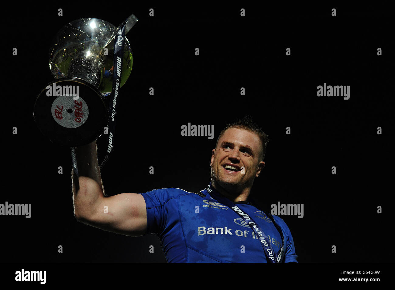 Leinster's Jamie Heaslip celebrates beating Stade Francais during the Amlin Challenge Cup Final match at the RDS, Dublin. PRESS ASSOCATION Photo. Picture date: Friday May 17, 2013. See PA story RUGBYU Cup. Photo credit should read: Artur Widak/PA Wire Stock Photo