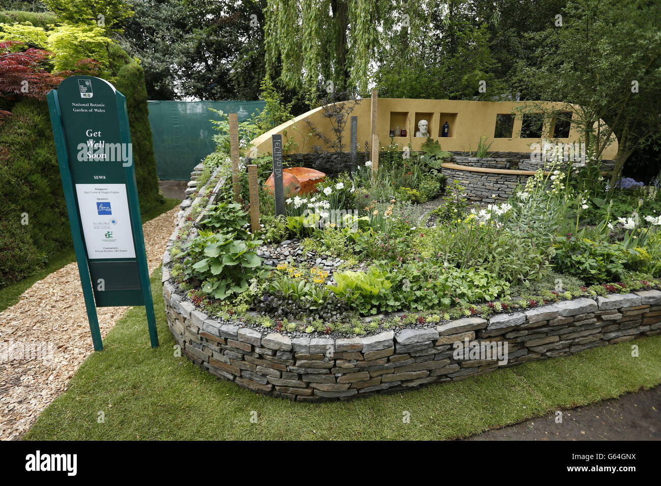 General view of the Get Well Soon Garden sponsored by the National Botanical Garden of Wales at the RHS Chelsea Flower Show, London. Stock Photo