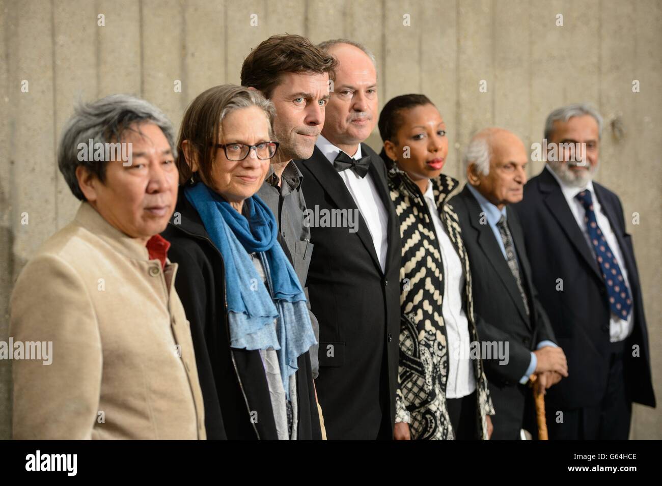 Man Booker International Prize finalists (left to right) Yan Lianke, Lydia Davis, Peter Stamm, Josip Novakovich, Marie NDiaye, Intizar Husain and U R Ananthamurthy during a photocall at the Southbank Centre, in central London. Stock Photo