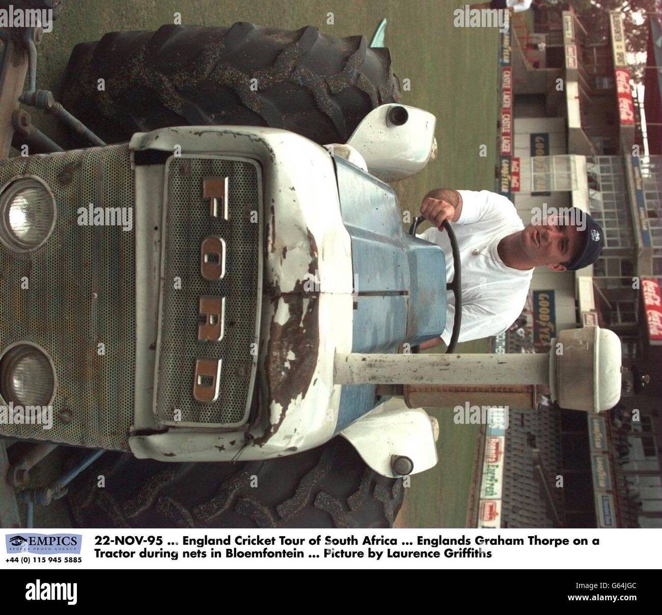 22-NOV-95, England Cricket Tour of South Africa, Englands Graham Thorpe on a Tractor during nets in Bloemfontein, Picture by Laurence Griffiths Stock Photo