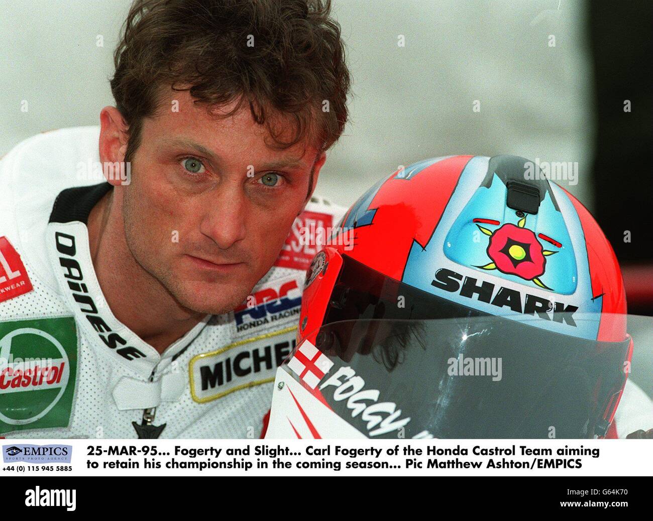 25-MAR-95. Fogarty and Slight. Carl Fogarty of the Honda Castrol Team aiming to retain his championship in the coming season Stock Photo