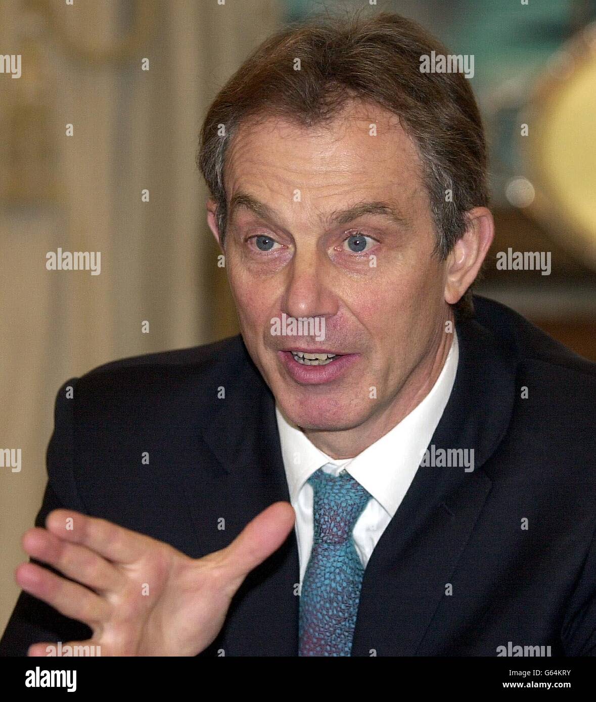 Prime Minister, Tony Blair speaks at a farmers and food producers meeting at No. 10 Downing Street, London. The food and farming sector will play an important role in improving the health of the nation, the Government has announced. * An action plan covering a wide range of issues is aimed at encouraging people to eat a better diet. Stock Photo