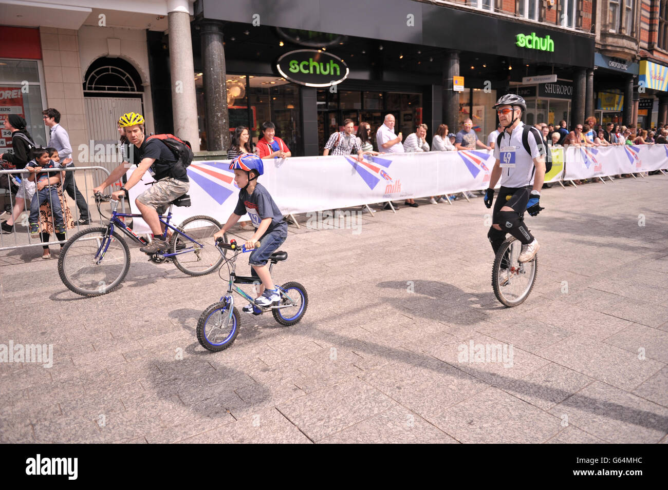 Cycling - 2013 Milk Race - Nottingham. Cyclists participate in the public rides section of The Milk Race around Nottingham city centre. Stock Photo