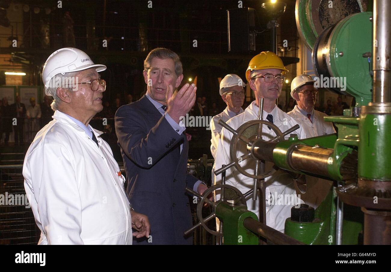The Prince of Wales during his visit to the Kempton Park Water Treatment Works in south west London, where he viewed a restored 62ft high engine which has been out of action for the past 20 years at the restored Pump House. * The engines at Kempton's historic Pump House were the largest of their type in the UK, each operating 1,008 horse power with a crankshaft weighing 30 tons. Now that the restoration of the engine is complete, the Kempton Great Engines plans to open the Pump House as a museum. Stock Photo