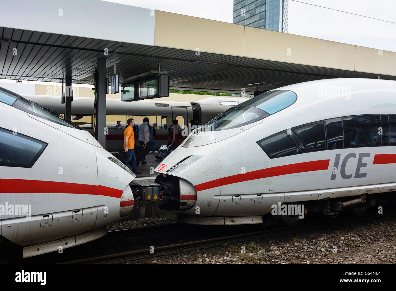 3 ICE trains of Deutsche Bahn ( DB AG ) in Mannheim Train Station, Mannheim, Germany, Baden-Württemberg, Kurpfalz Stock Photo