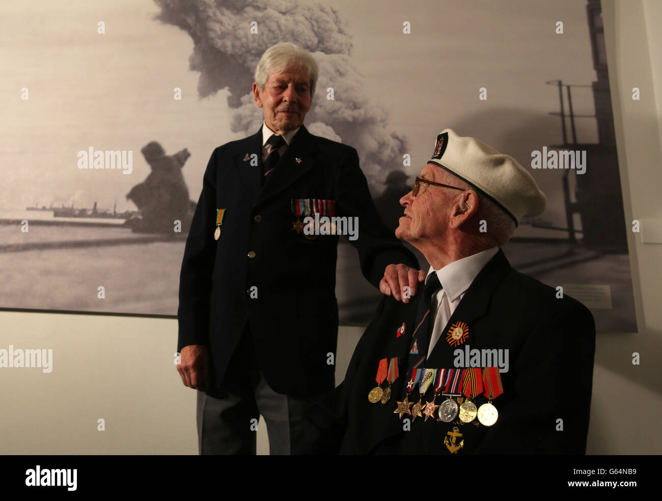 David Craig, a former merchant navy seaman (right) and James Simpson, formerly of the Royal Navy talk at the Arctic Convoys exhibition which opens on May 29 at the National War Museum Edinburgh Castle. The convoys sailed from Britain from in 1941 to 1945 delivering supplies to the Soviet Union. Stock Photo