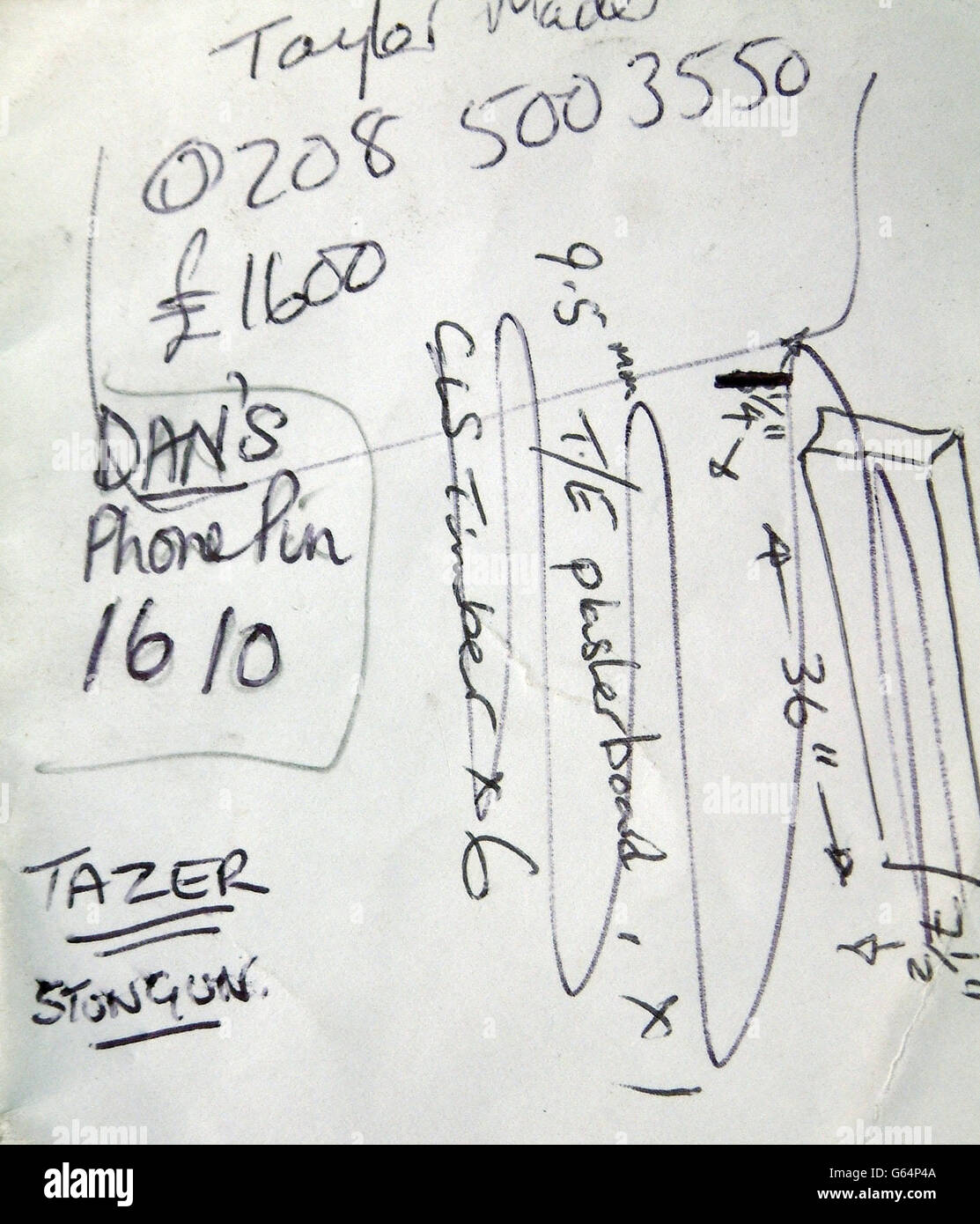 A note showing Danielle Jones's PIN number and references to tazer, connected with the case of Stuart Campbell, 44, of Grays, Essex, who was found guilty at Chelmsford Crown Court of abducting and murdering his teenage niece, Danielle Jones. Danielle, 15, went missing in June of last year after walking to catch a bus near her home in East Tilbury, Essex. Her body has never been found. Stock Photo