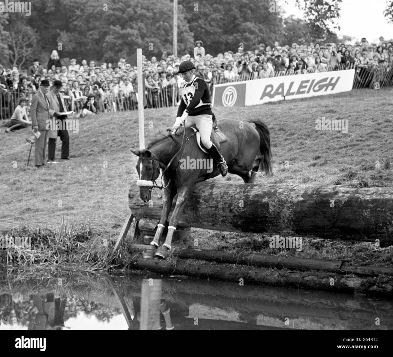Princess Anne and her mount Stevie B taking the 20th fence in the Cross Country section of the Burghley Horse Trials at Stamford. Stock Photo