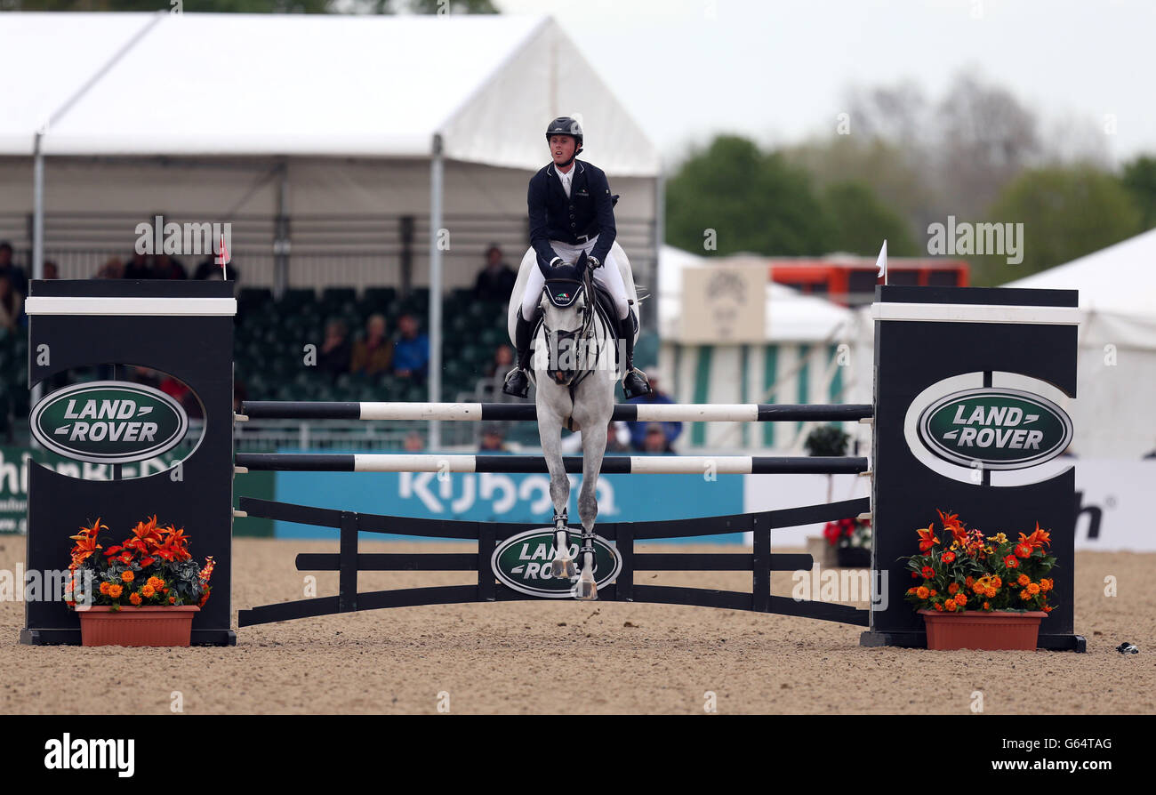 Ben Maher rides Cella in the Ladies and Gentlemens Competition during day three of the Royal Windsor Horse Show at Windsor Castle, Berkshire. Stock Photo