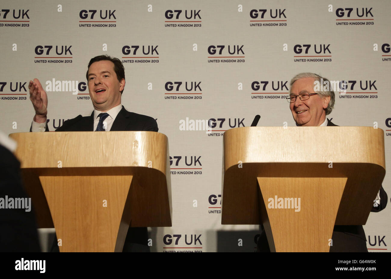 George Osborne (left), Chancellor of the Exchequer and Mervyn King, Governor of the Bank of England, during the closing press conference of the G7 Finance Ministers and central bank governors summit, at Hartwell House, Aylesbury, Buckinghamshire. Stock Photo