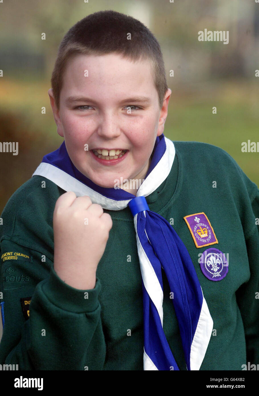 Scout, Joseph Smith celebrates. The 10-year-old Cub Scout of Pittington Primary School, Co Durham won a team swimming gala on his own after the rest of his troops failed to turn up. Joseph won all 12 races that he entered. Stock Photo