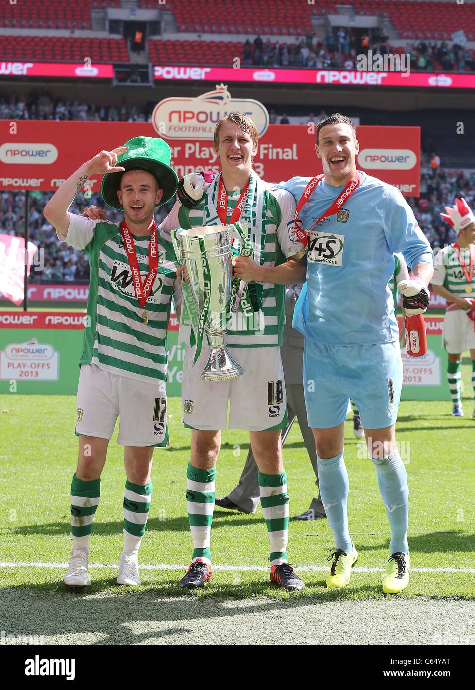 Yeovil Town's Paddy Madden, Dan Burn and Marek Stech (left to right) celebrate winning npower Football League One Play Off Final, following victory over Brentford Stock Photo