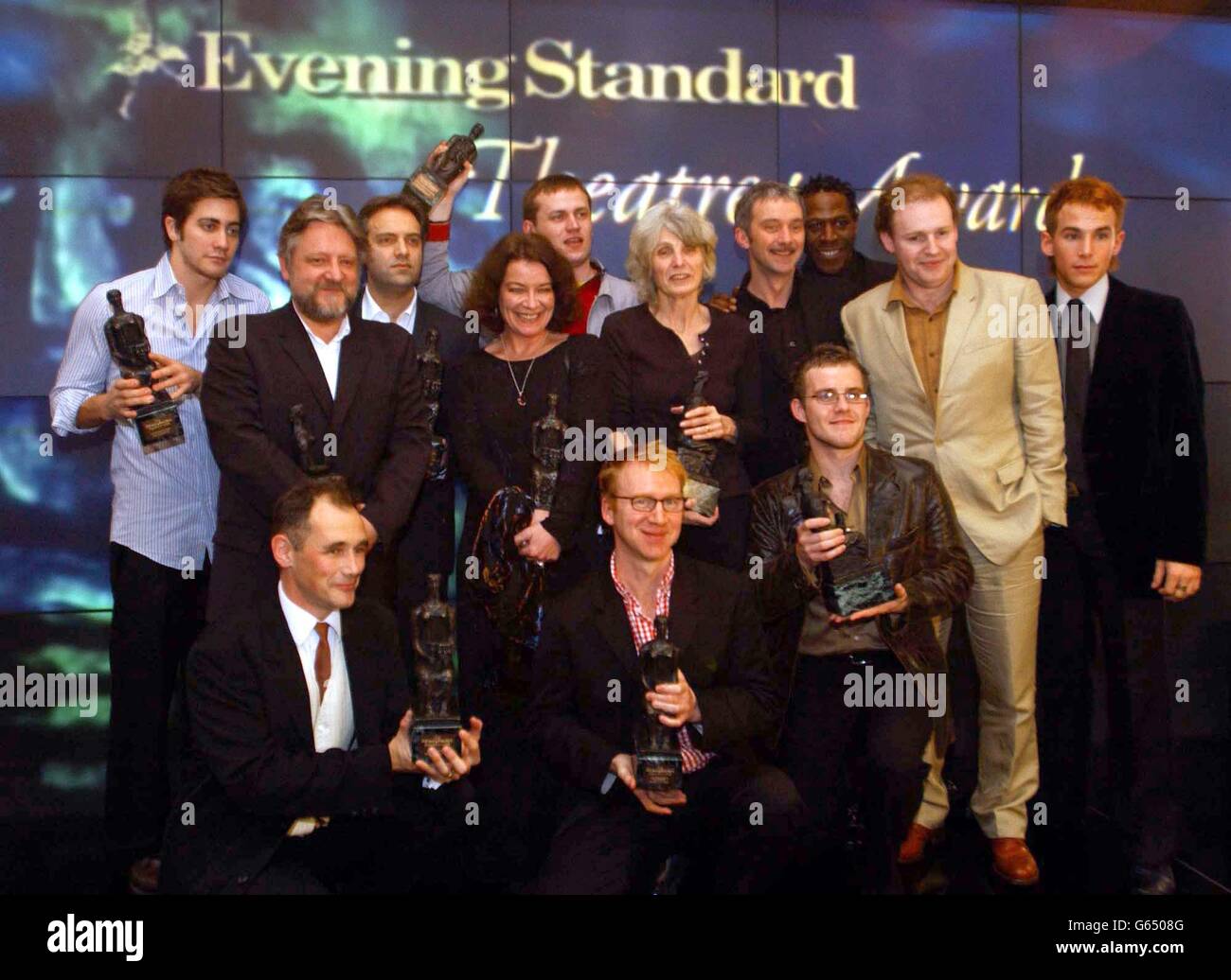 Awards winners (back row from left) Jake Gyllenhaal, Simon Russell Beale, Sam Mendes, Clare Higgins, Vassily Sigarev, Caryl Churchill, Tony Timberlake, Cornell John, David Ganly, Paul Keating and (front row (from left) Mark Rylance, Ian MacNeil, Samuel Jones. *..During the Evening Standard Theatre Awards at The Savoy in London . The annual awards ceremony showcases an array emerging acting talent. Stock Photo