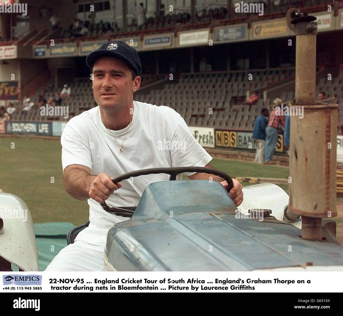22-NOV-95. England Cricket Tour of South Africa. England's Graham Thorpe on a tractor during nets in Bloemfontein. Picture by Laurence Griffiths Stock Photo