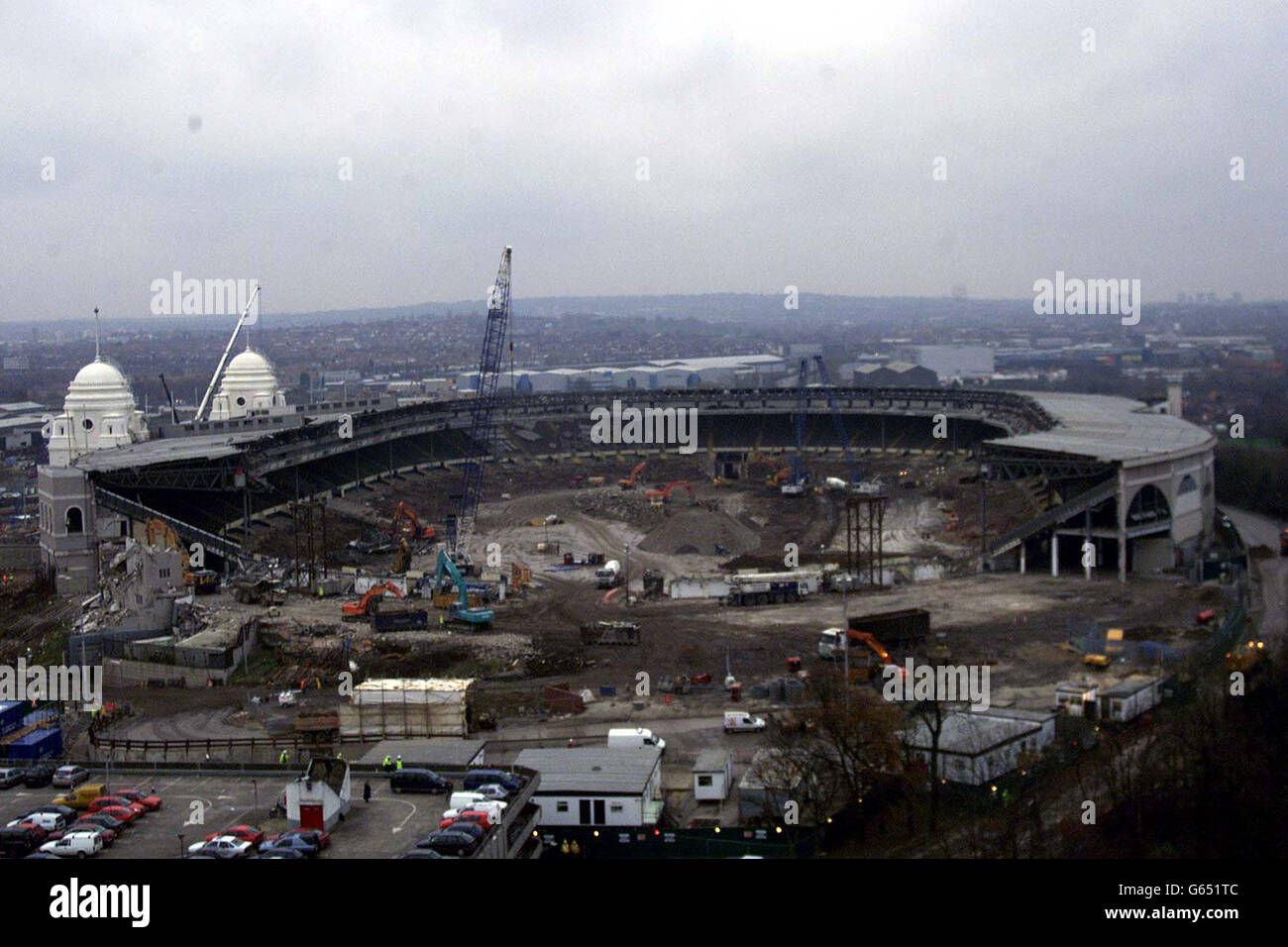 The demolition of the famous twin towers of Wembley Stadium, begins in