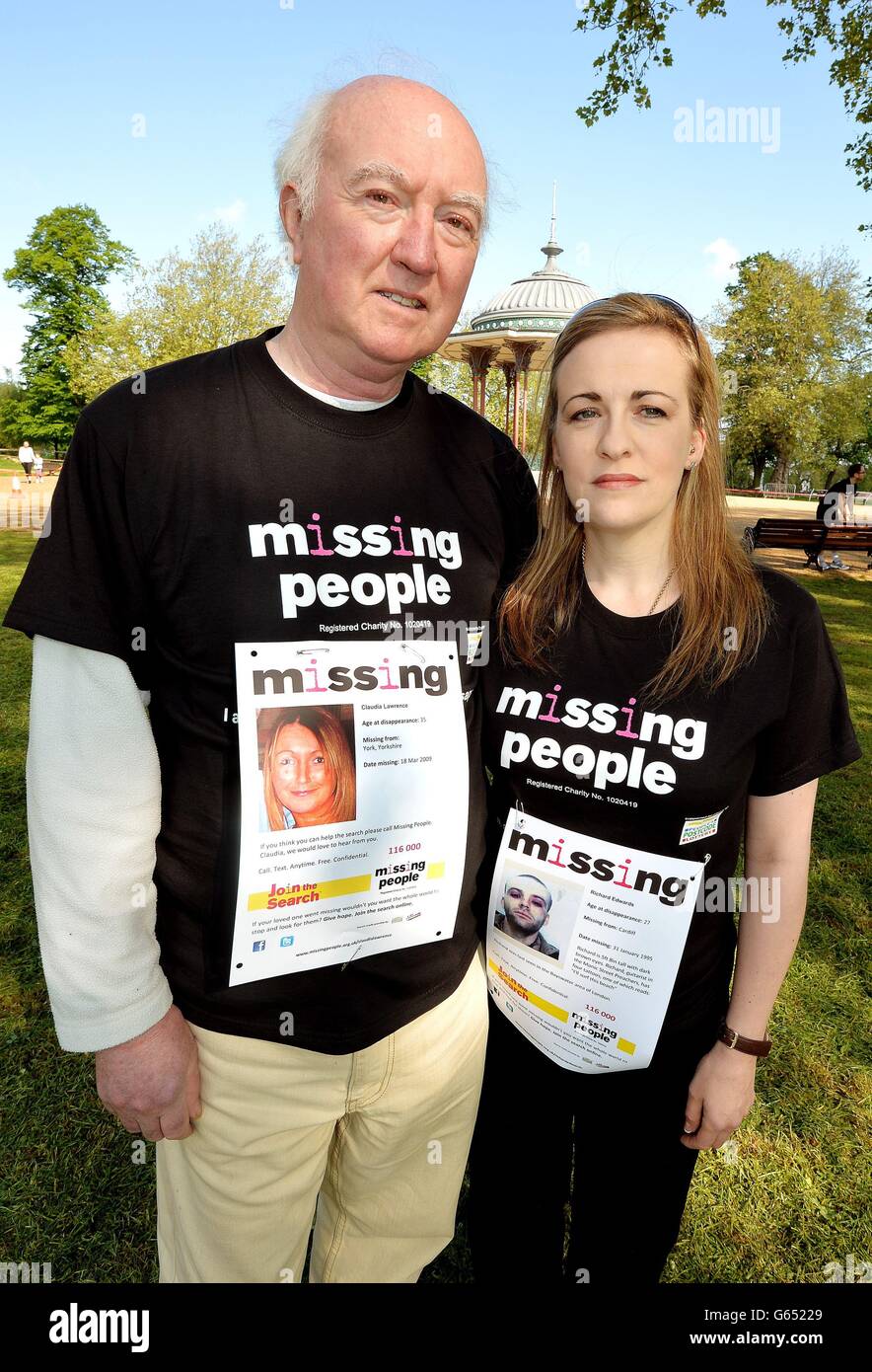 Peter Lawrence father of Claudia Lawrence and Rachel Elias sister of Richey Edwards from The Manic Street Preachers at the start of the Miles for Missing People 10k run, to help the charity that gives support to people who have family members that have gone missing or been abducted abroad or in the UK, at Clapham Common in south west London. The event marks International Missing Children's Day. Stock Photo
