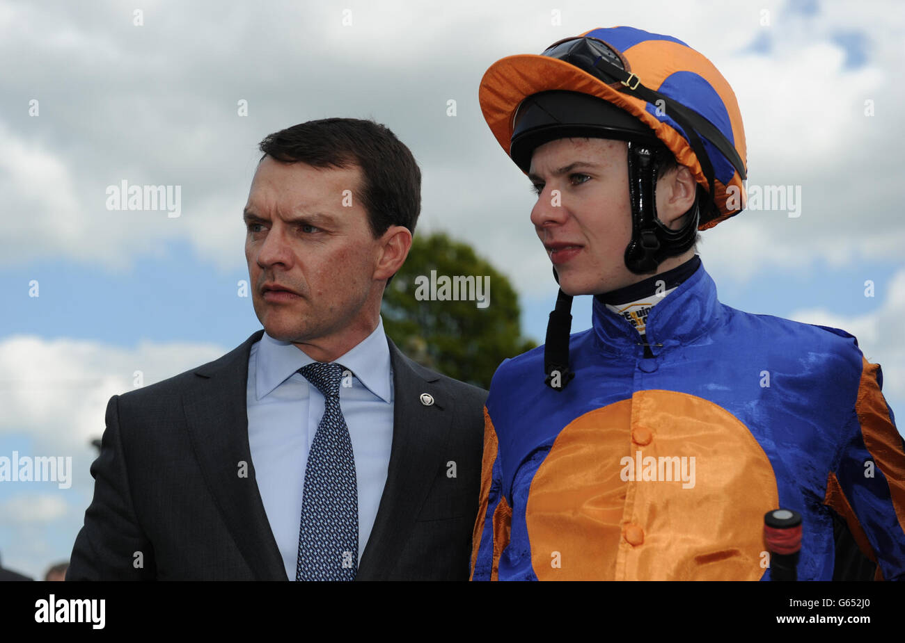 Trainer Aidan O'Brien and his son Jockey Joseph O'Brien after riding Magician to victory in the Tattersalls Irish 2,000 Guineas during the Tattersalls Irish 2000 Guineas Day at Curragh Racecourse, County Kildare. Stock Photo